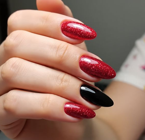 red nails with black design