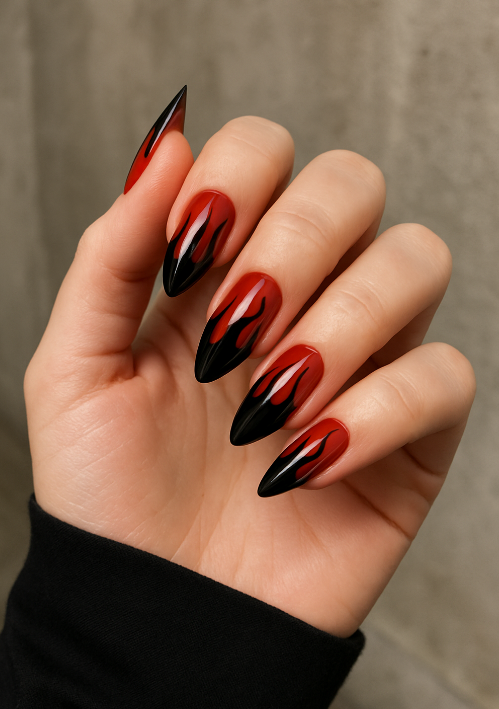 red nails with black design