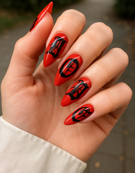 red nails with black design