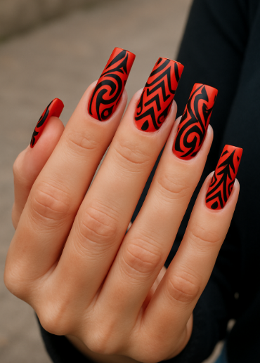 red nails with black design