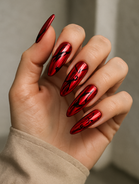 red nails with black design