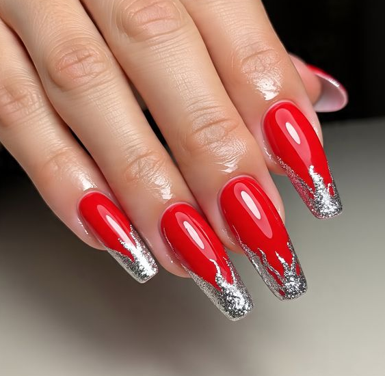 red and silver nails