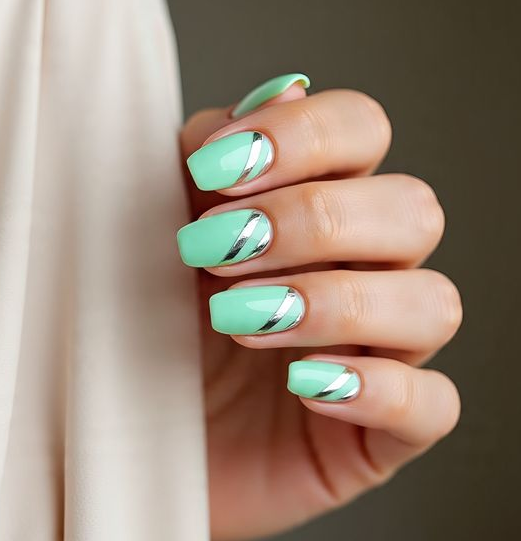 green and silver nails