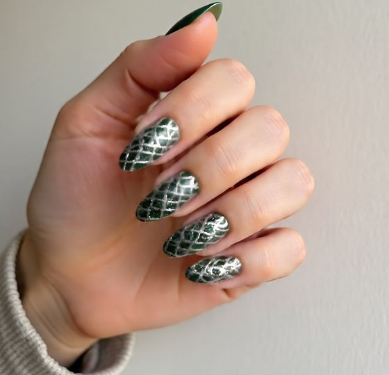 green and silver nails