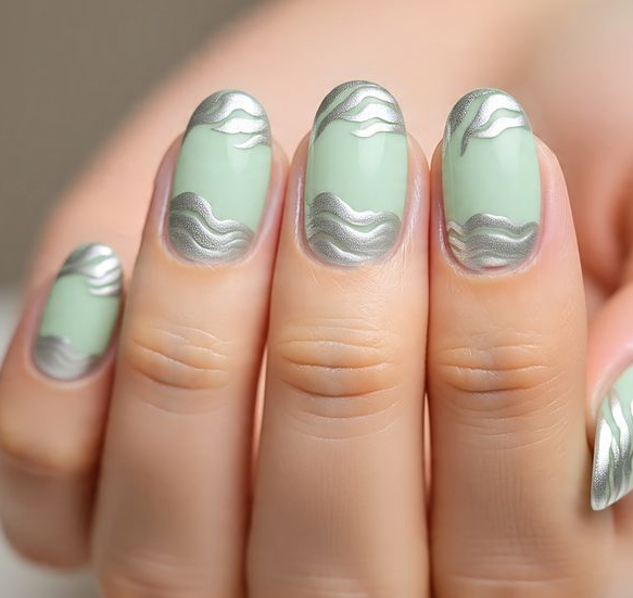 green and silver nails
