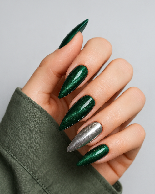 green and silver nails