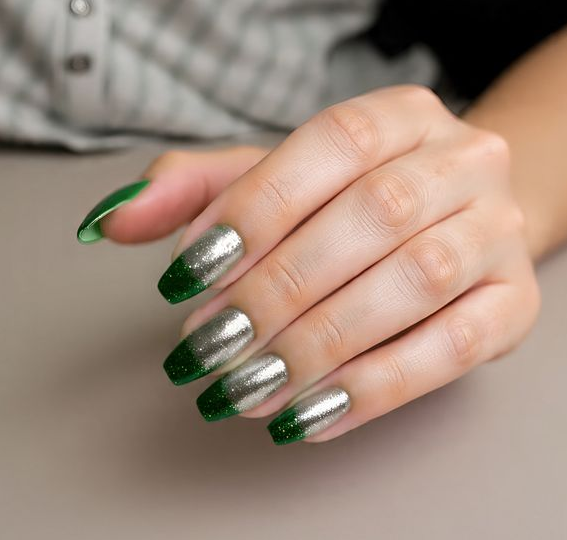 green and silver nails