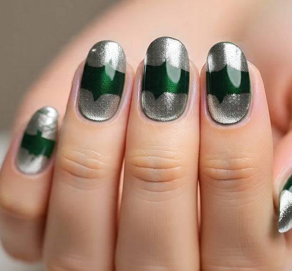green and silver nails