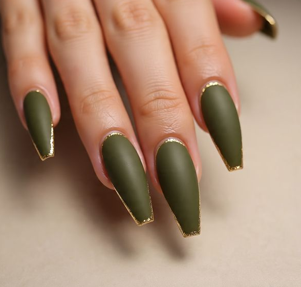 coffin olive green nails