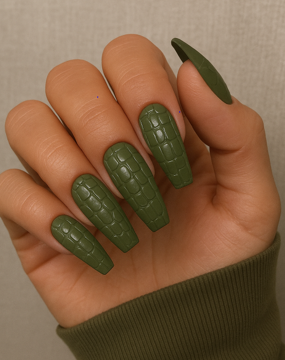 coffin olive green nails
