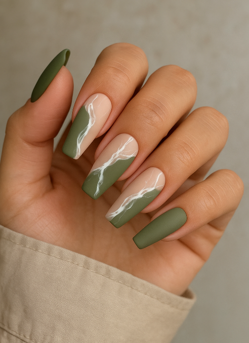 coffin olive green nails