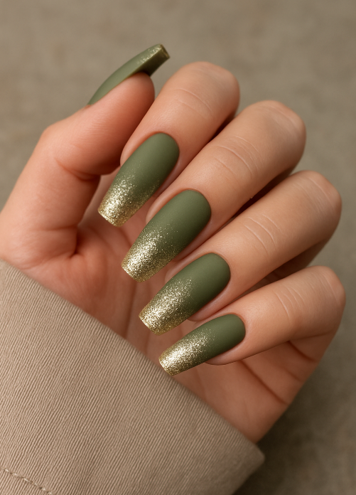 coffin olive green nails