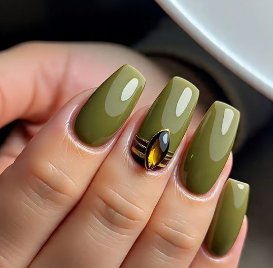 coffin olive green nails