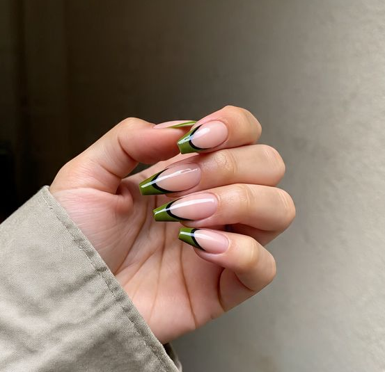 coffin olive green nails