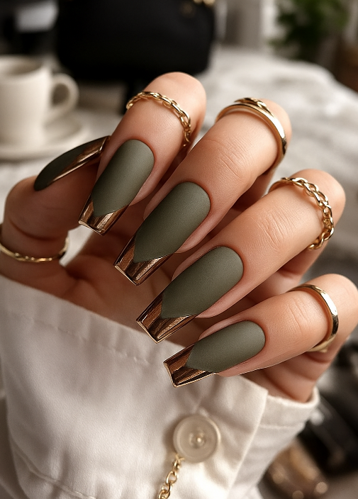 coffin olive green nails