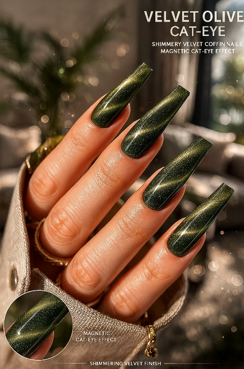 coffin olive green nails