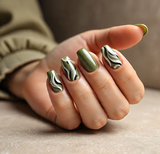 coffin olive green nails