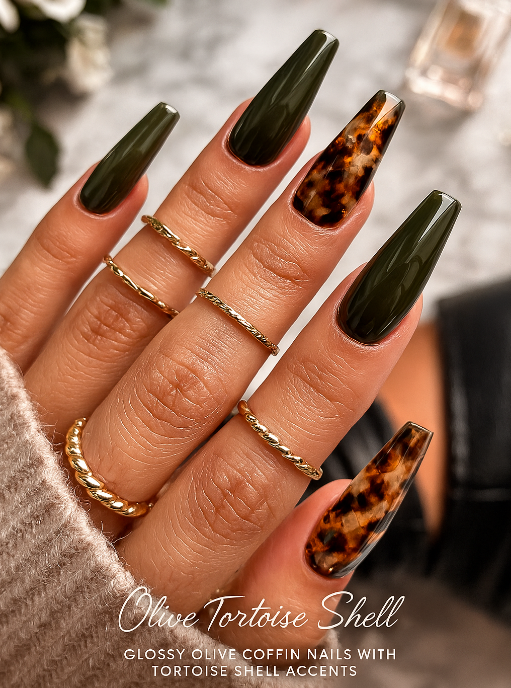 coffin olive green nails