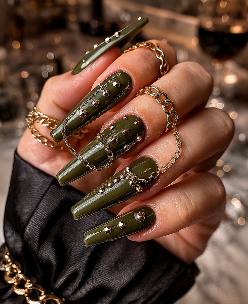 coffin olive green nails