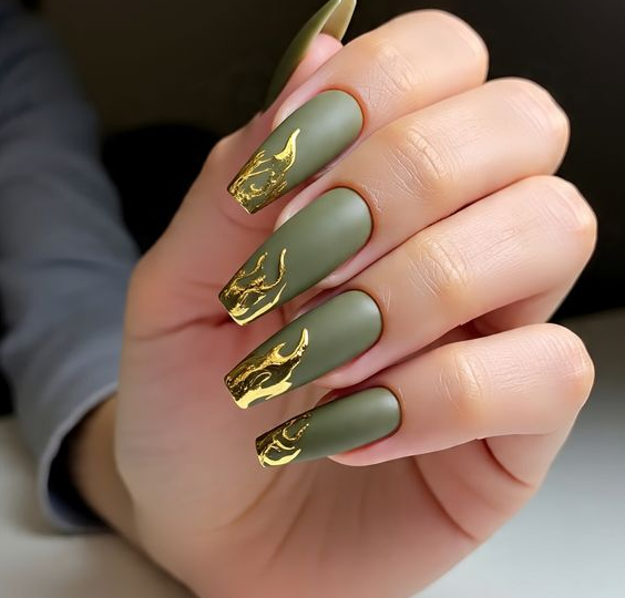 coffin olive green nails