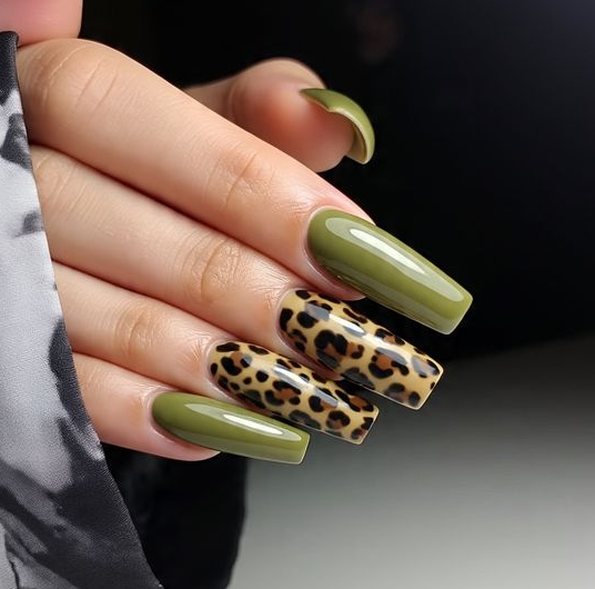 coffin olive green nails