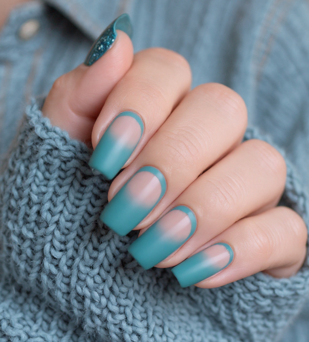 teal french tip nails
