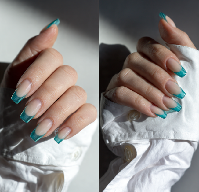 teal french tip nails