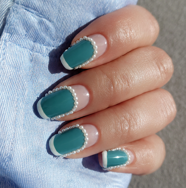 teal french tip nails