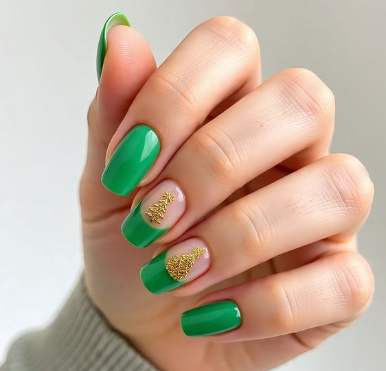green and gold christmas nails