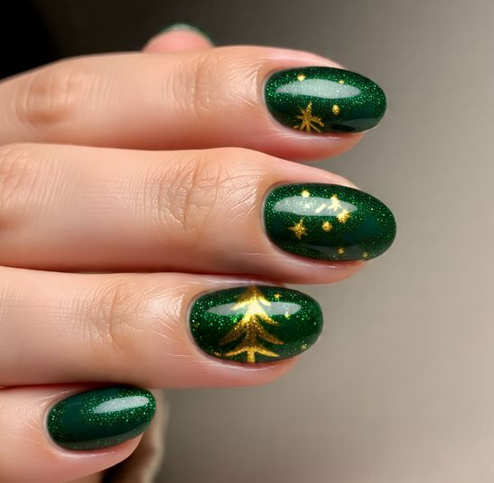 green and gold christmas nails