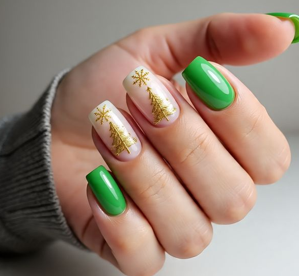 green and gold christmas nails
