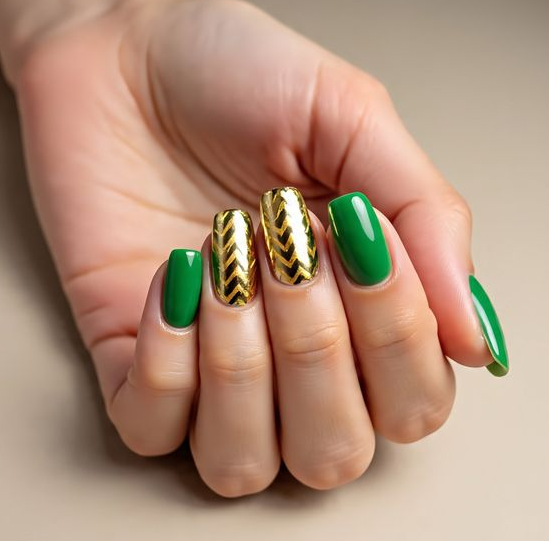 green and gold christmas nails