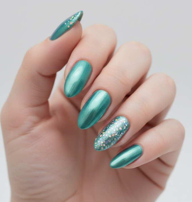 teal chrome nails