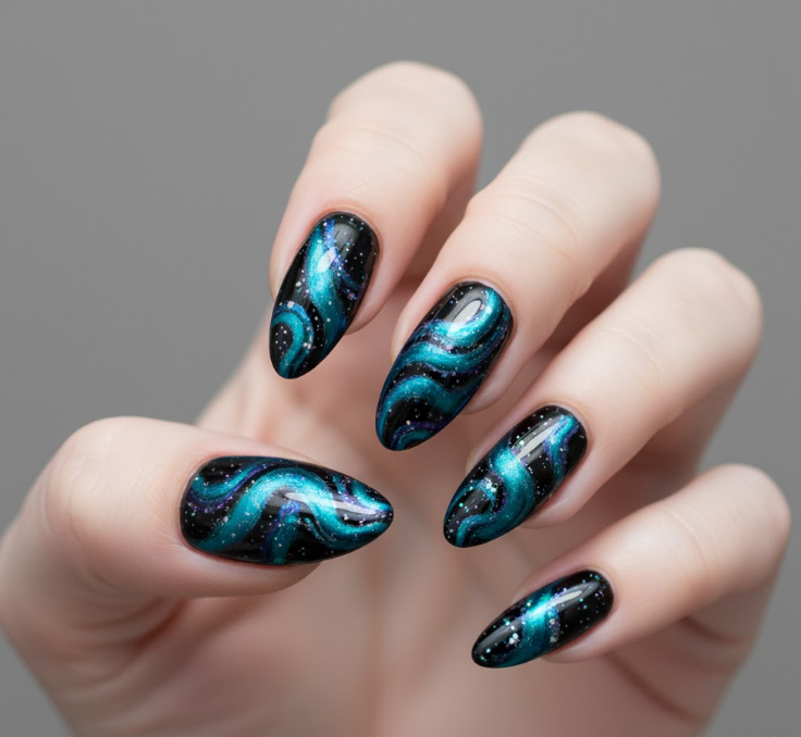 teal chrome nails