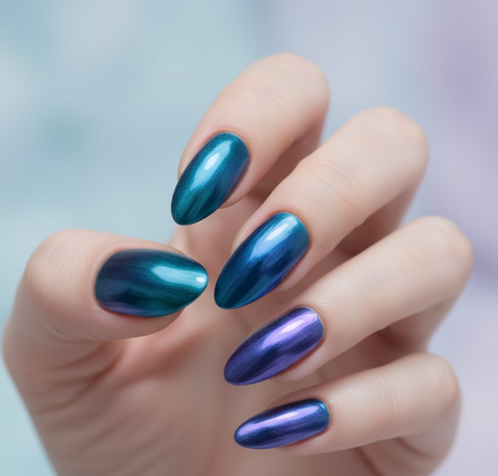 teal chrome nails
