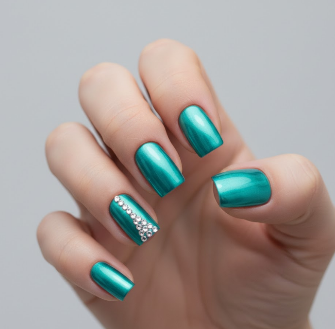 teal chrome nails