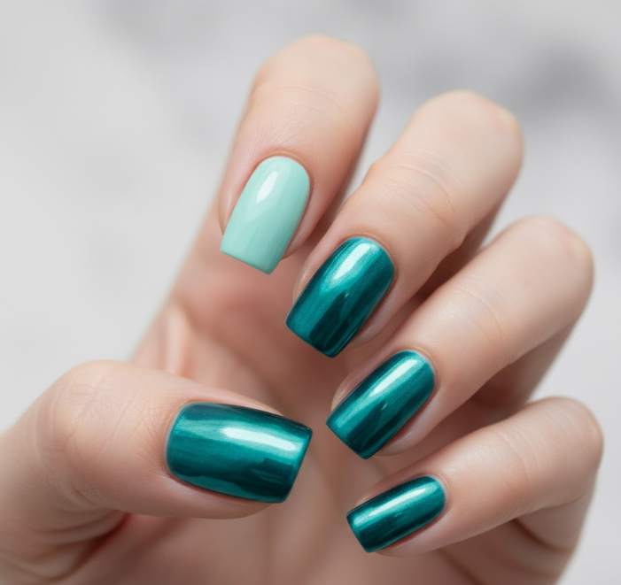 teal chrome nails