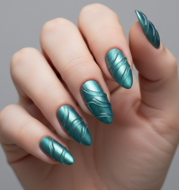 teal chrome nails