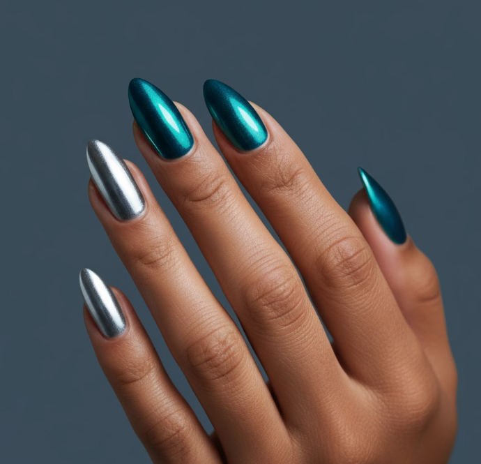 teal chrome nails