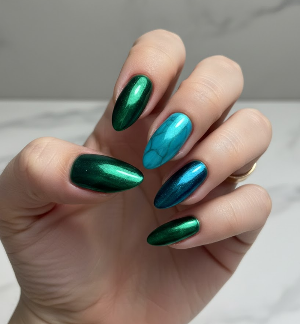 teal chrome nails