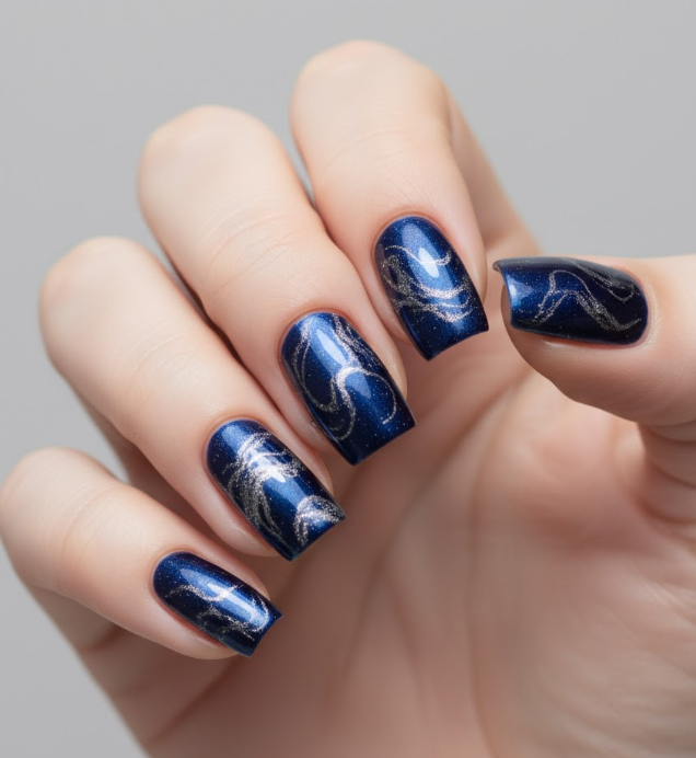 navy blue chrome nails
