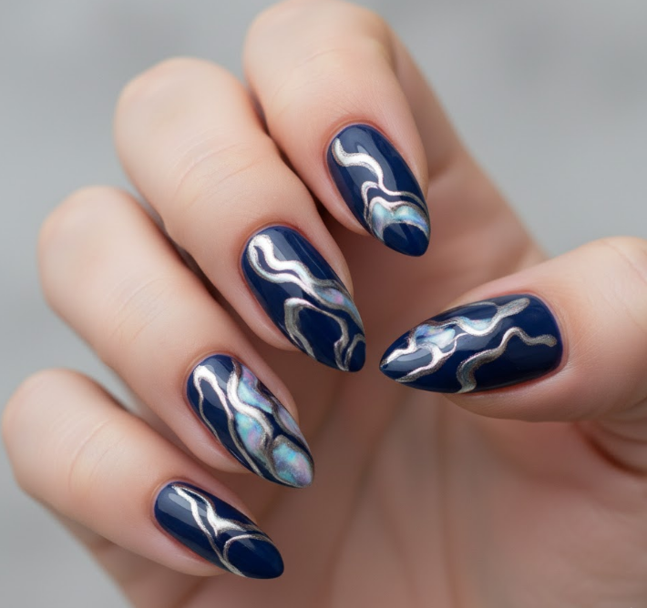 navy blue chrome nails