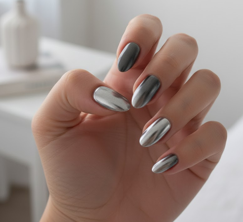 grey chrome nails