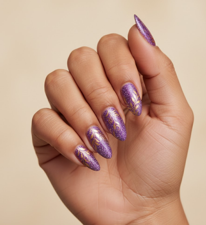 purple glitter nails