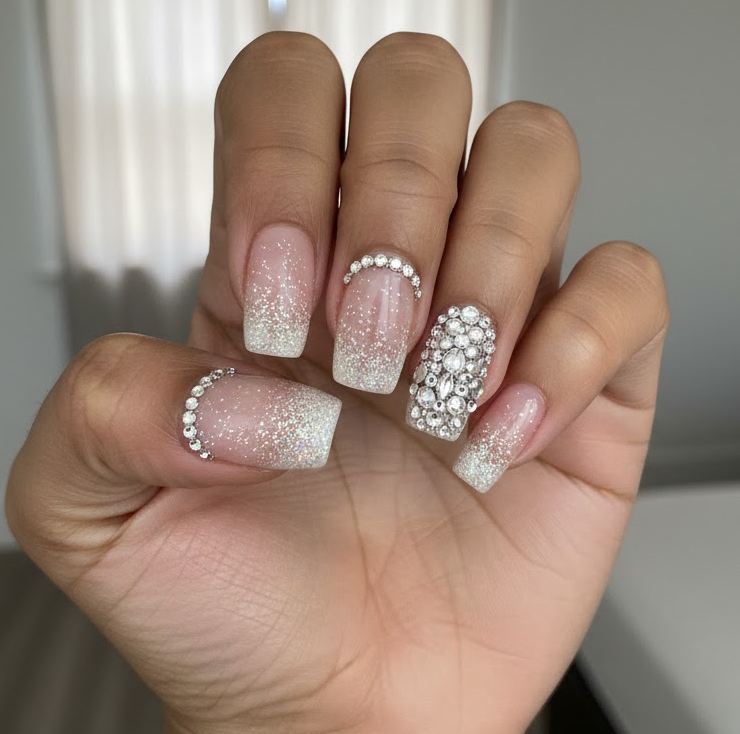white glitter nails