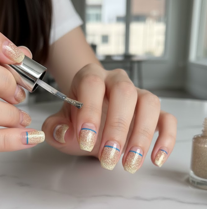 beige glitter nails