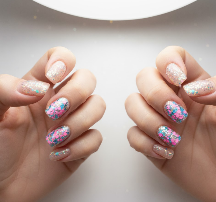 beige glitter nails