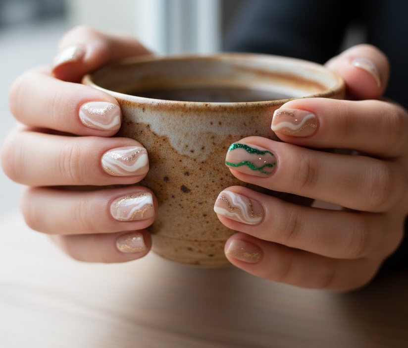 beige glitter nails
