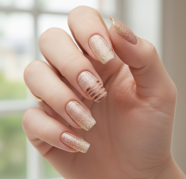 beige glitter nails