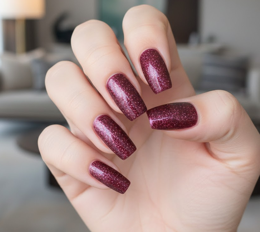 burgundy glitter nails